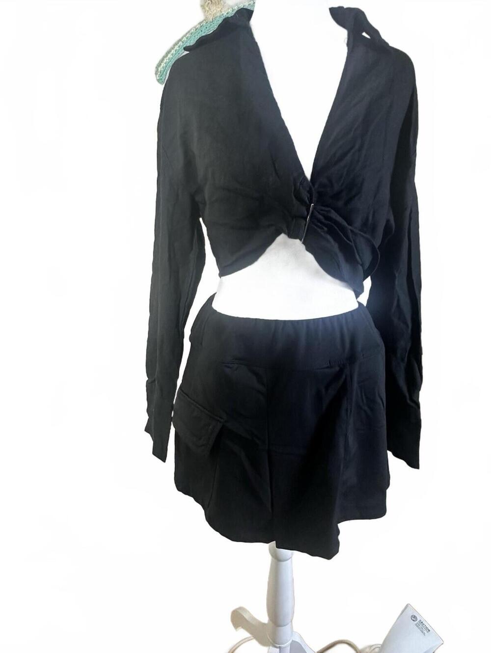 Zara Linen Belted Wrap Crop Top Office Siren Collar casual Goth Sz Sm